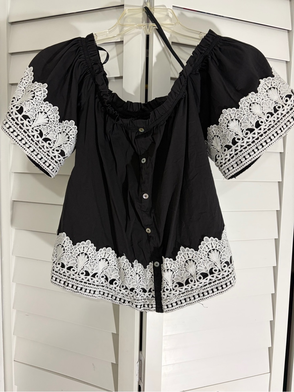 Love J - Black Off-the-Shoulder Top with White Lace Trim